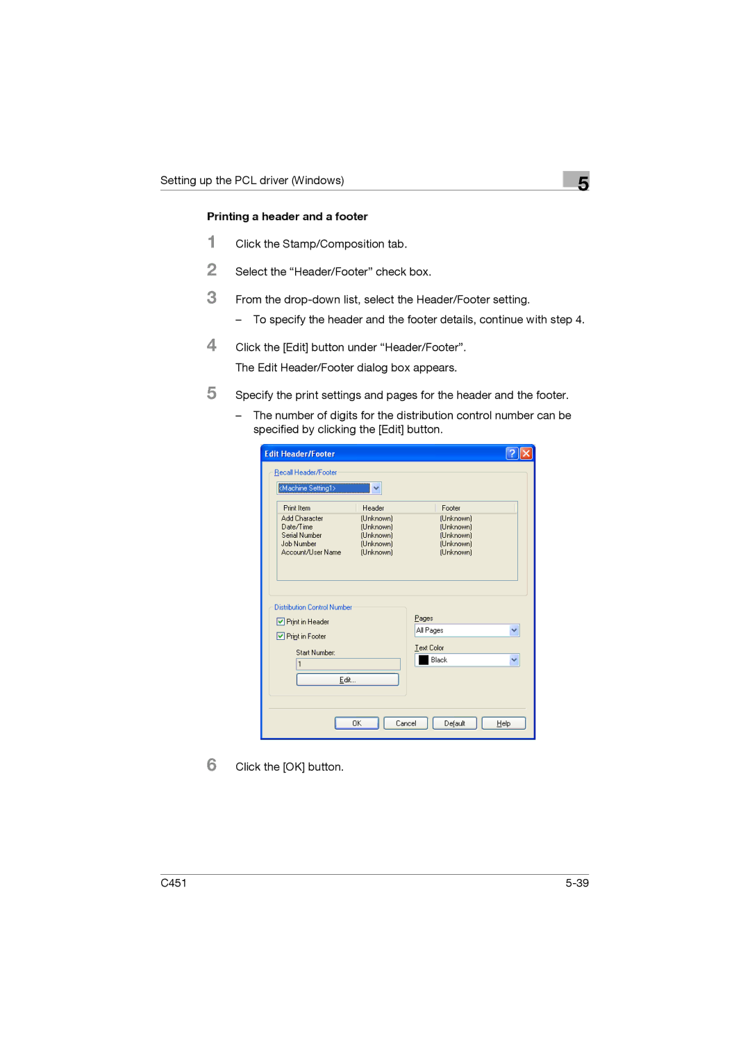 Konica Minolta C451 manual Printing a header and a footer 