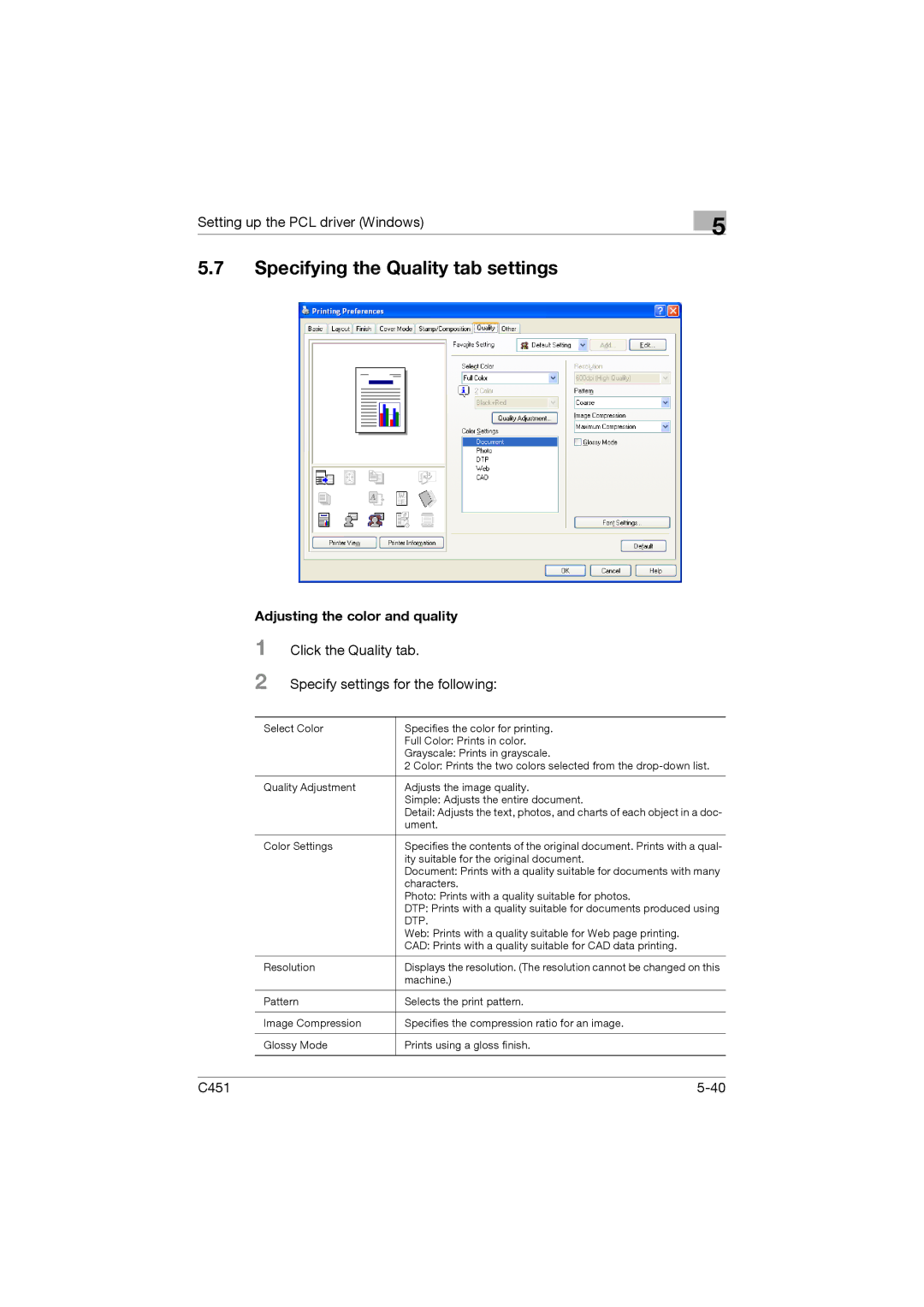 Konica Minolta C451 manual Specifying the Quality tab settings, Adjusting the color and quality 