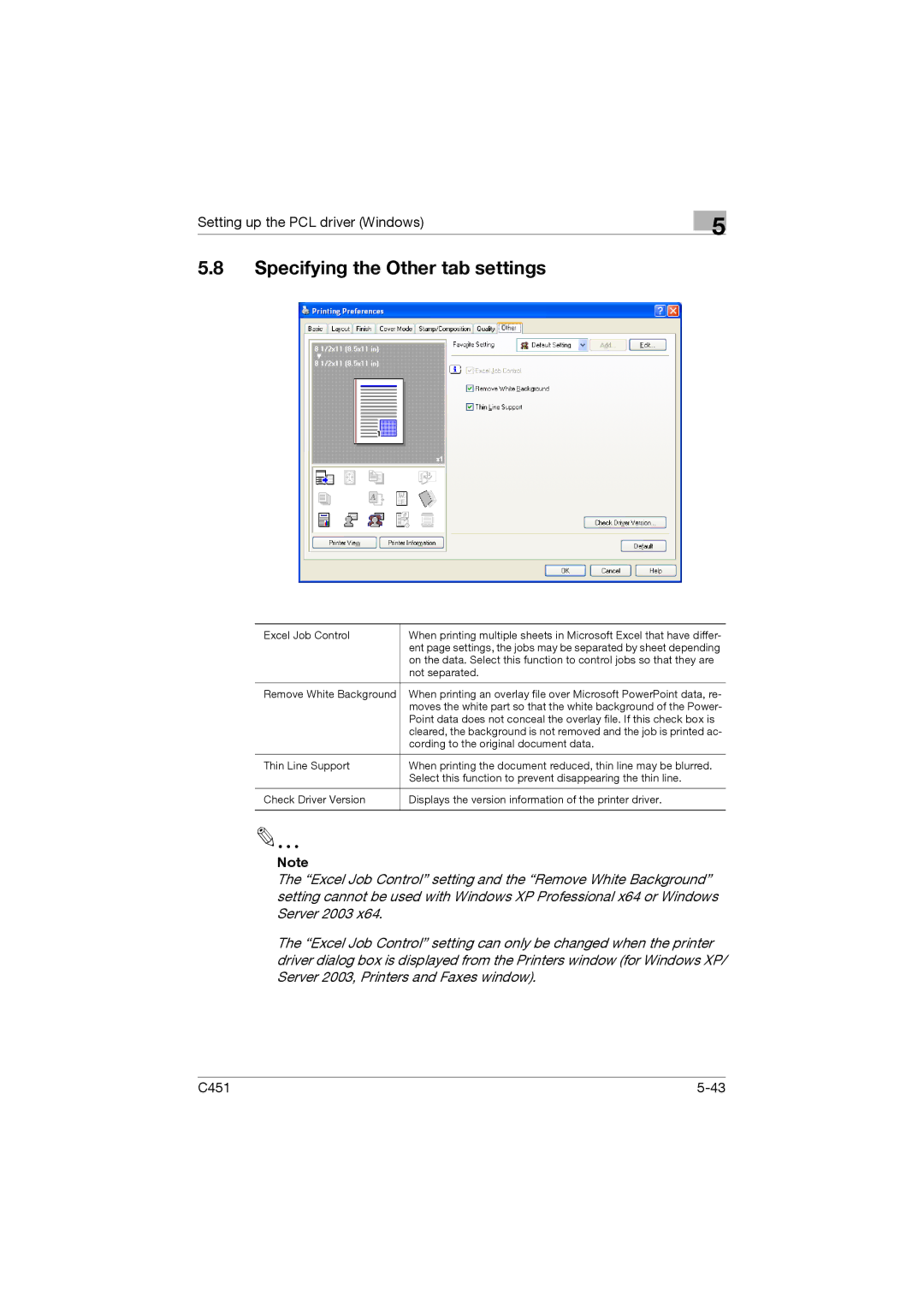 Konica Minolta C451 manual Specifying the Other tab settings, Excel Job Control 