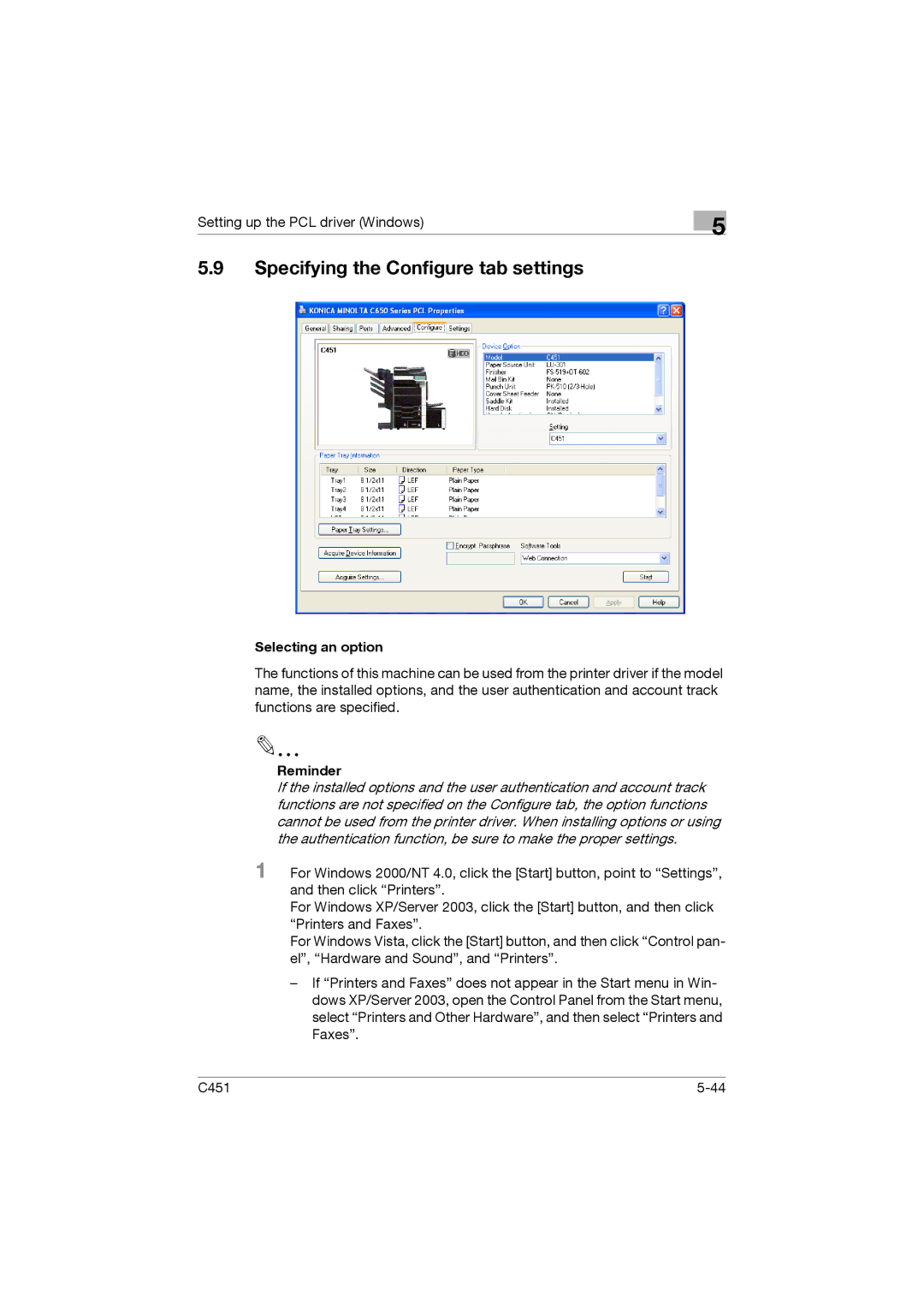 Konica Minolta C451 manual Specifying the Configure tab settings, Selecting an option 