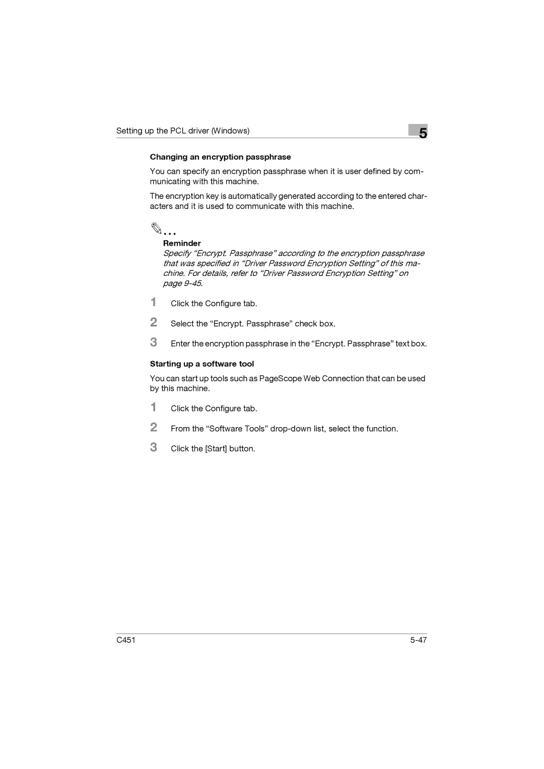 Konica Minolta C451 manual Changing an encryption passphrase, Starting up a software tool 