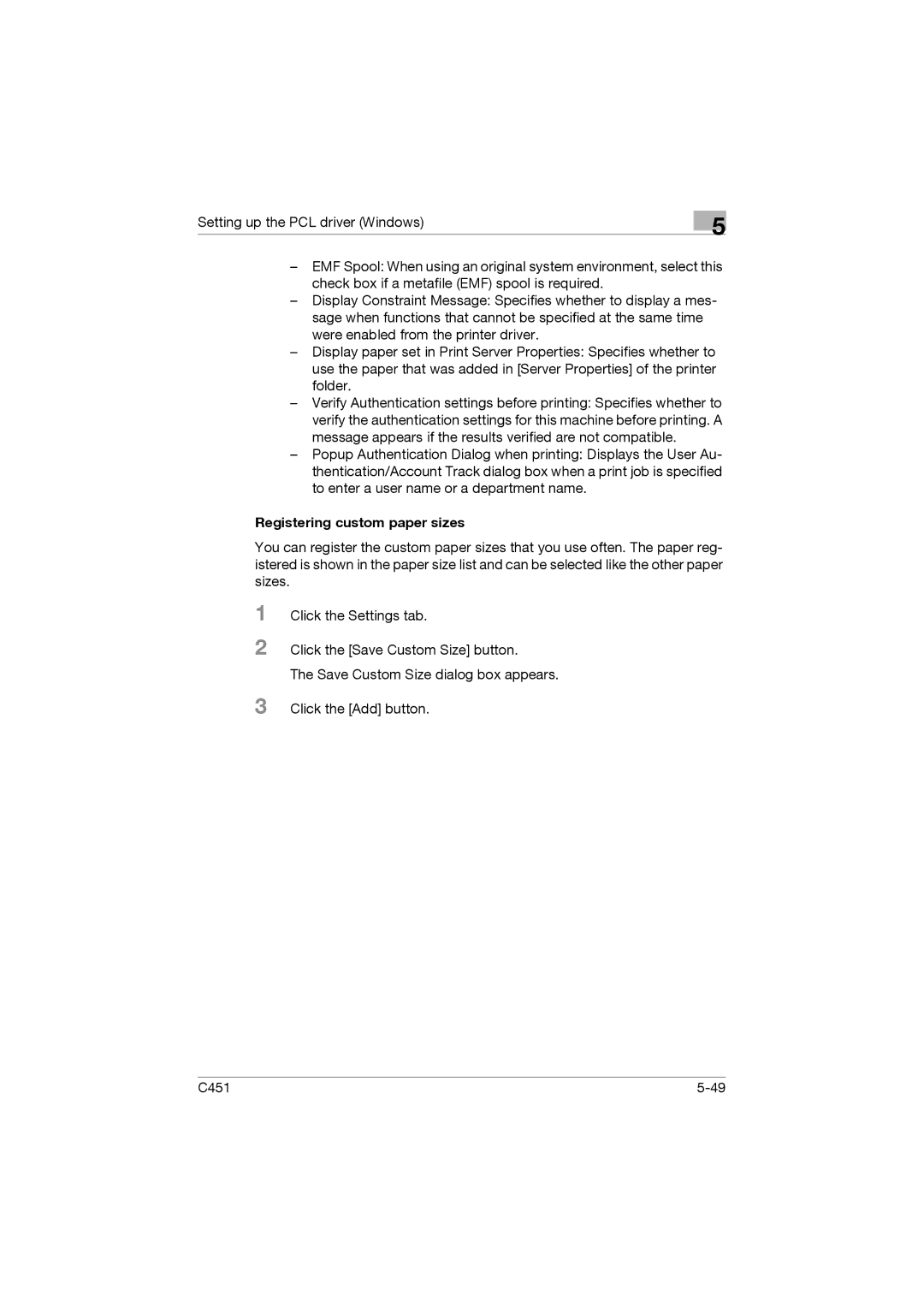 Konica Minolta C451 manual Registering custom paper sizes 