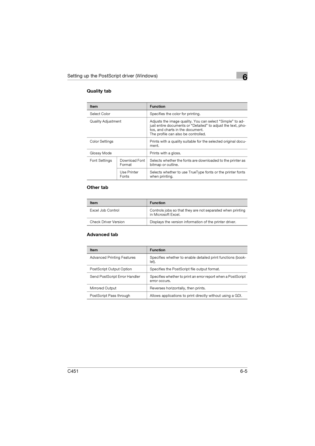 Konica Minolta C451 manual Quality tab, Advanced tab 