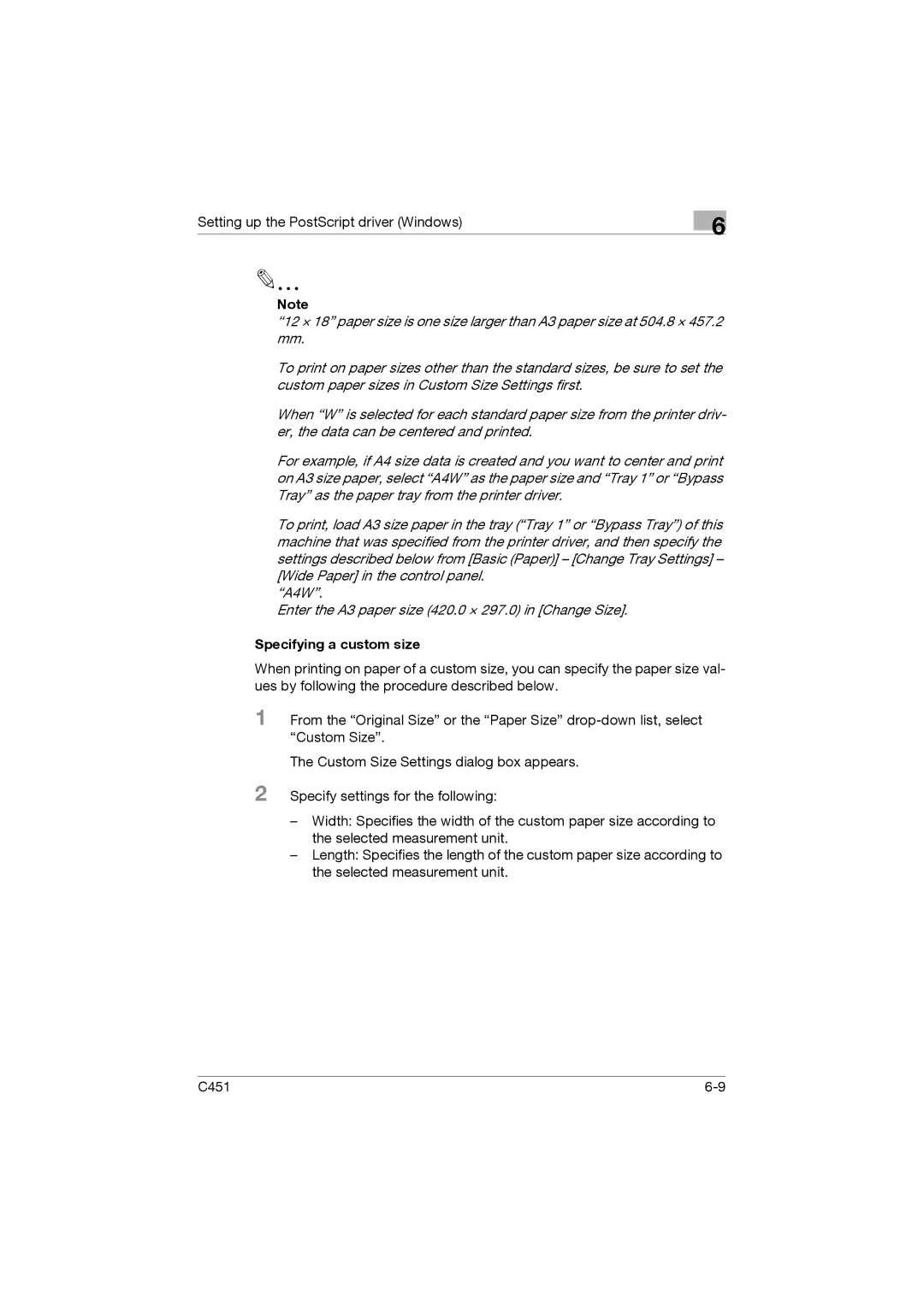 Konica Minolta C451 manual Specifying a custom size 