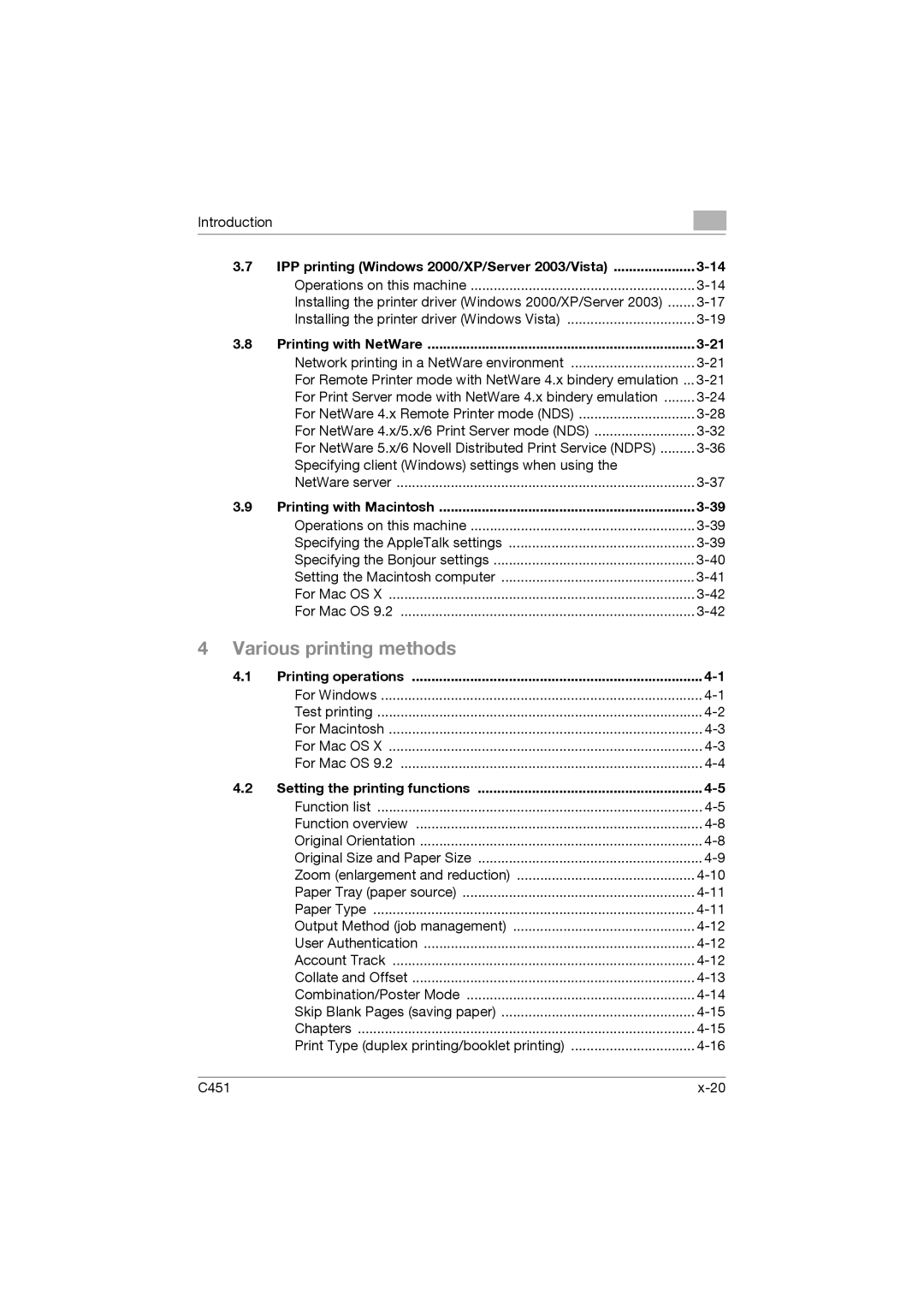 Konica Minolta C451 manual IPP printing Windows 2000/XP/Server 2003/Vista, Printing with NetWare, Printing with Macintosh 