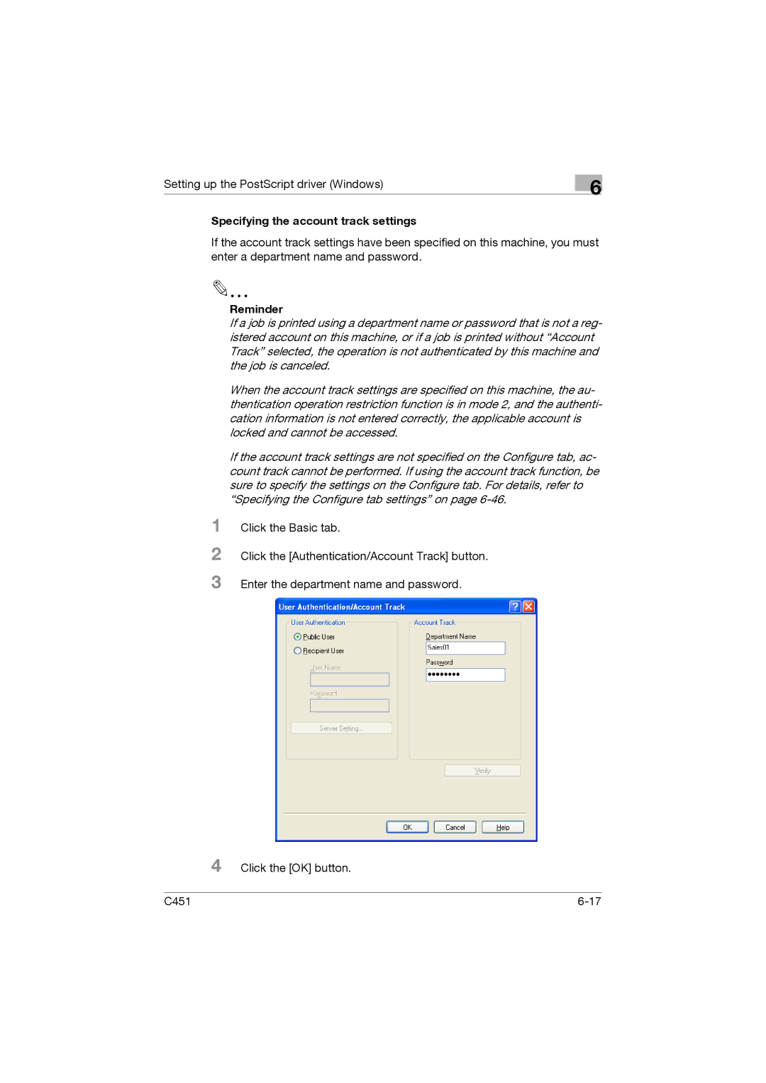 Konica Minolta C451 manual Specifying the account track settings 