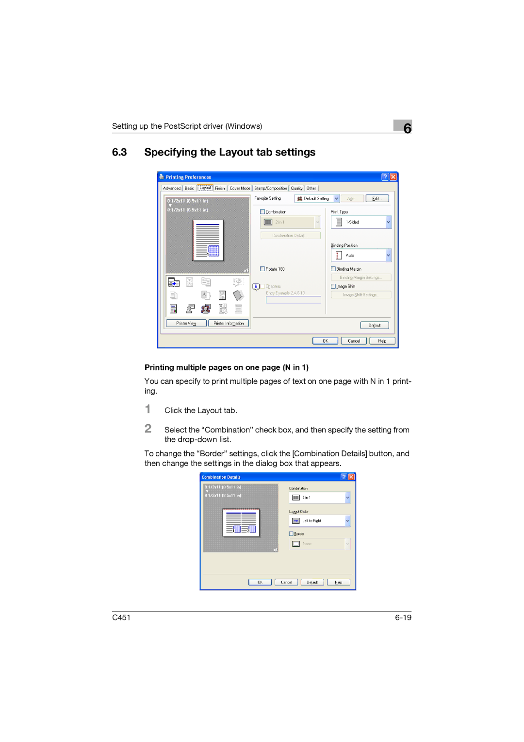 Konica Minolta C451 manual Specifying the Layout tab settings, Printing multiple pages on one page N 