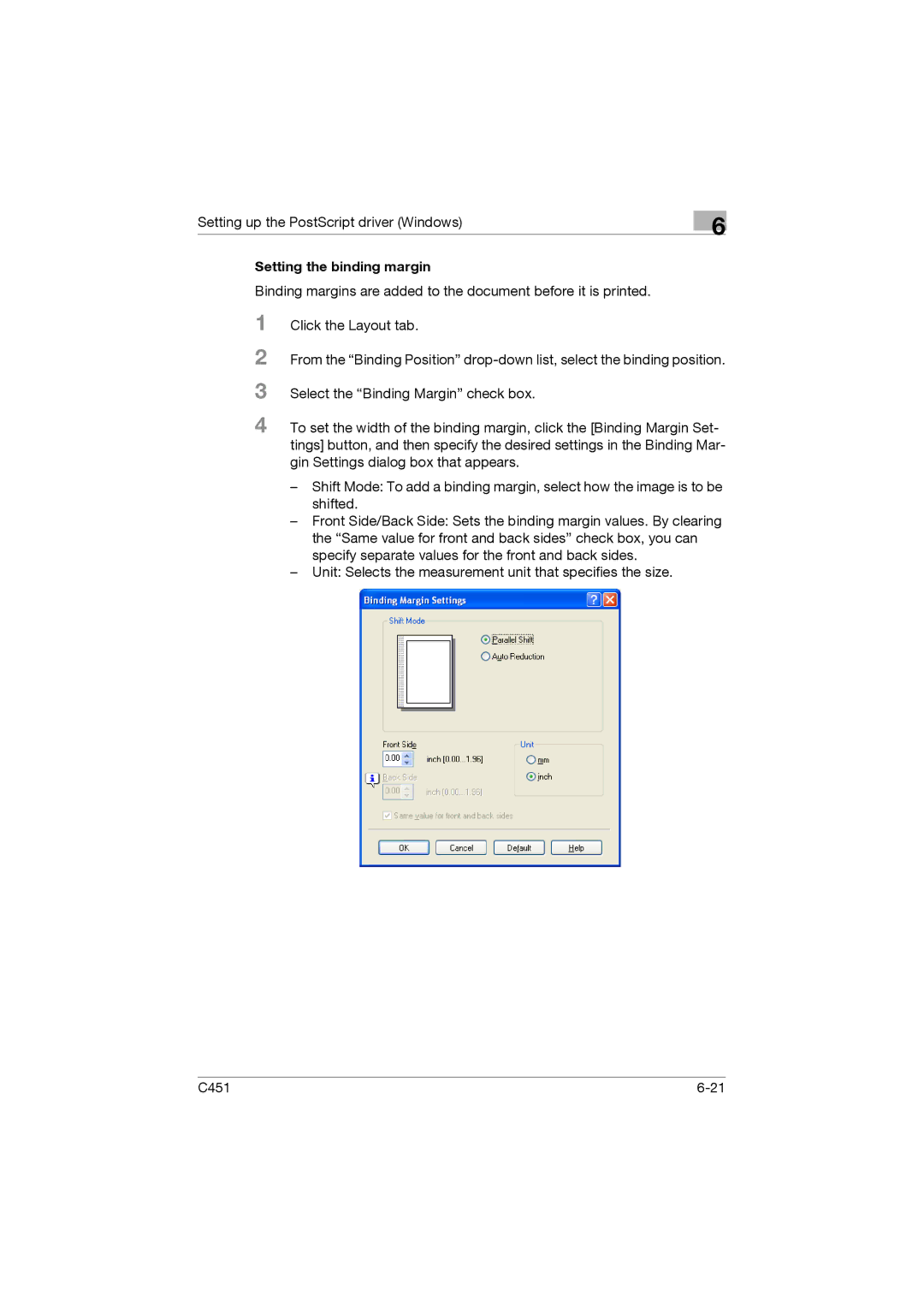 Konica Minolta C451 manual Setting the binding margin 