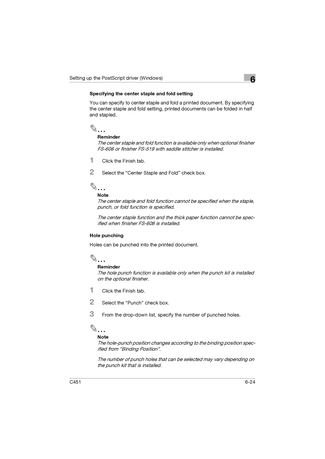 Konica Minolta C451 manual Specifying the center staple and fold setting 