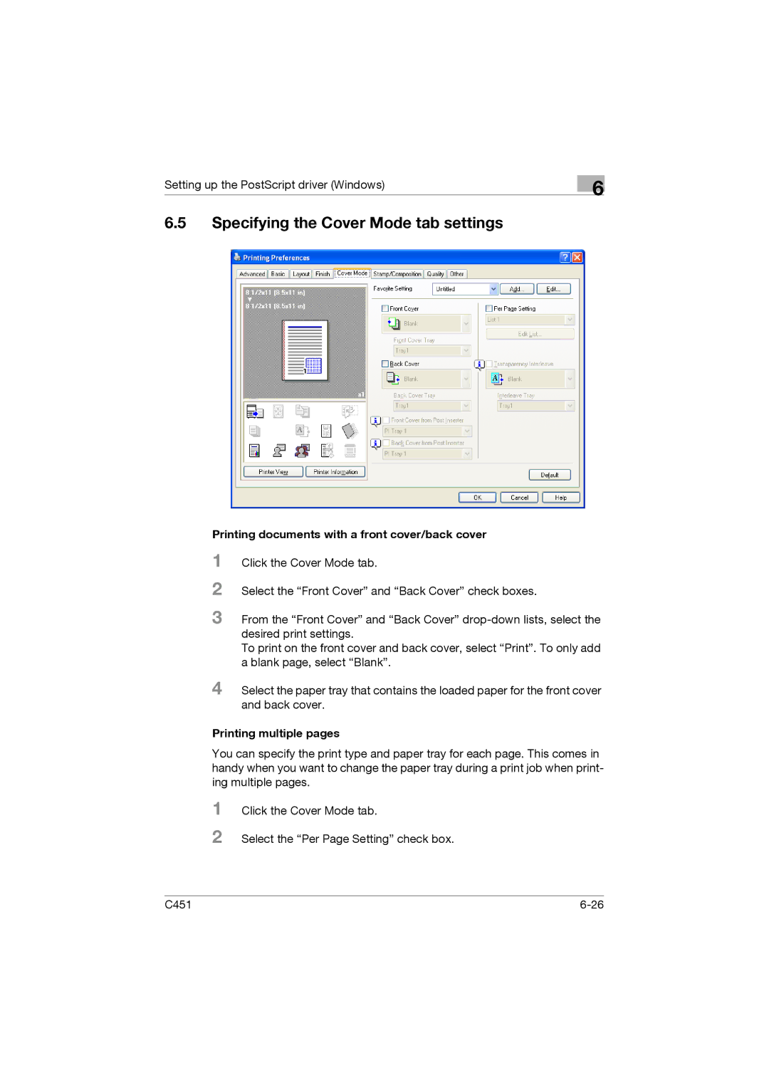 Konica Minolta C451 manual Specifying the Cover Mode tab settings 