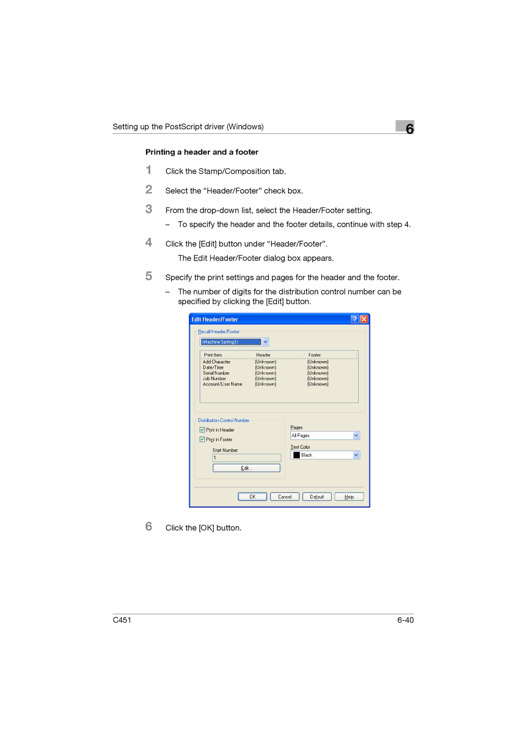 Konica Minolta C451 manual Printing a header and a footer 