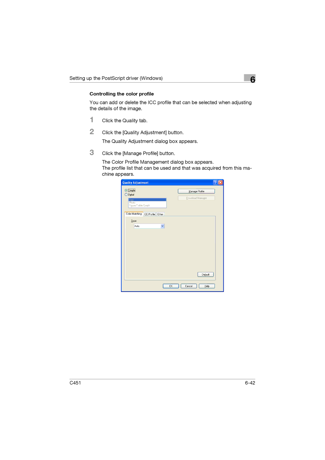 Konica Minolta C451 manual Controlling the color profile 