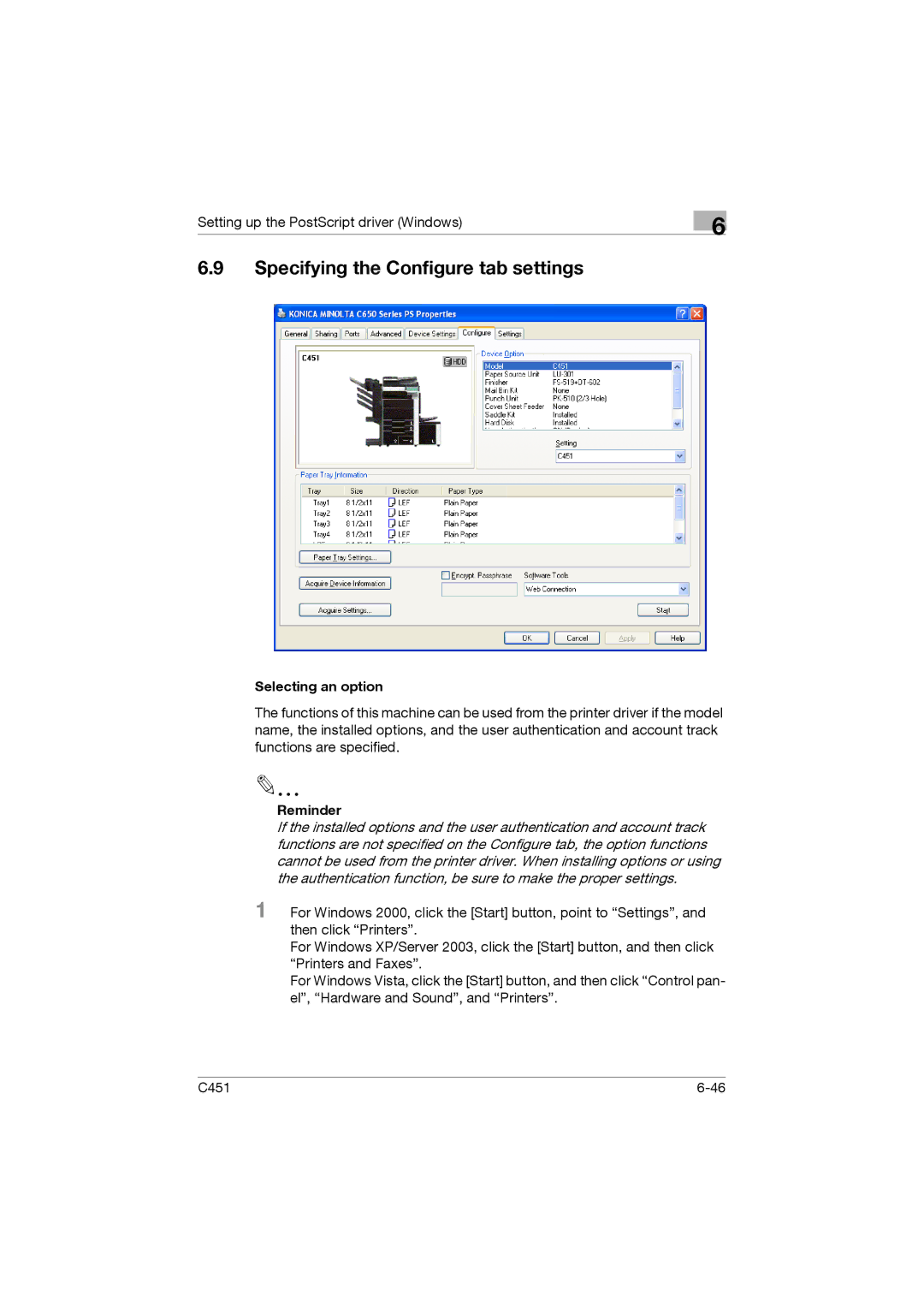 Konica Minolta C451 manual Specifying the Configure tab settings 