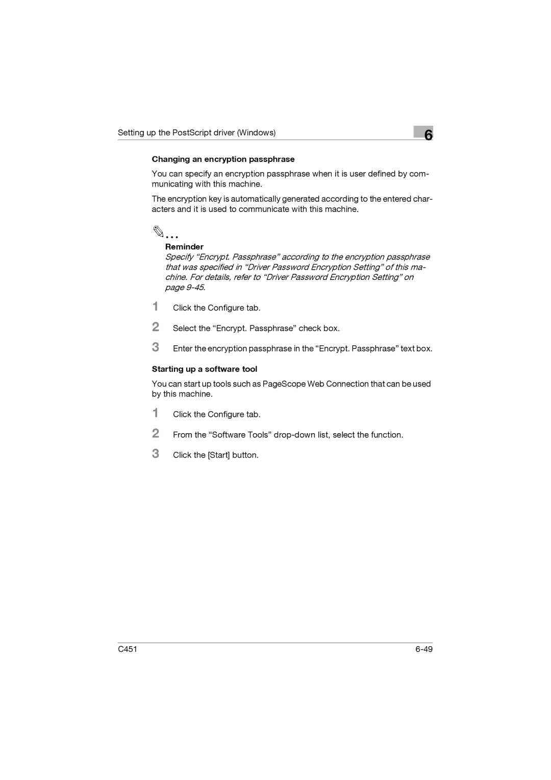 Konica Minolta C451 manual Changing an encryption passphrase 