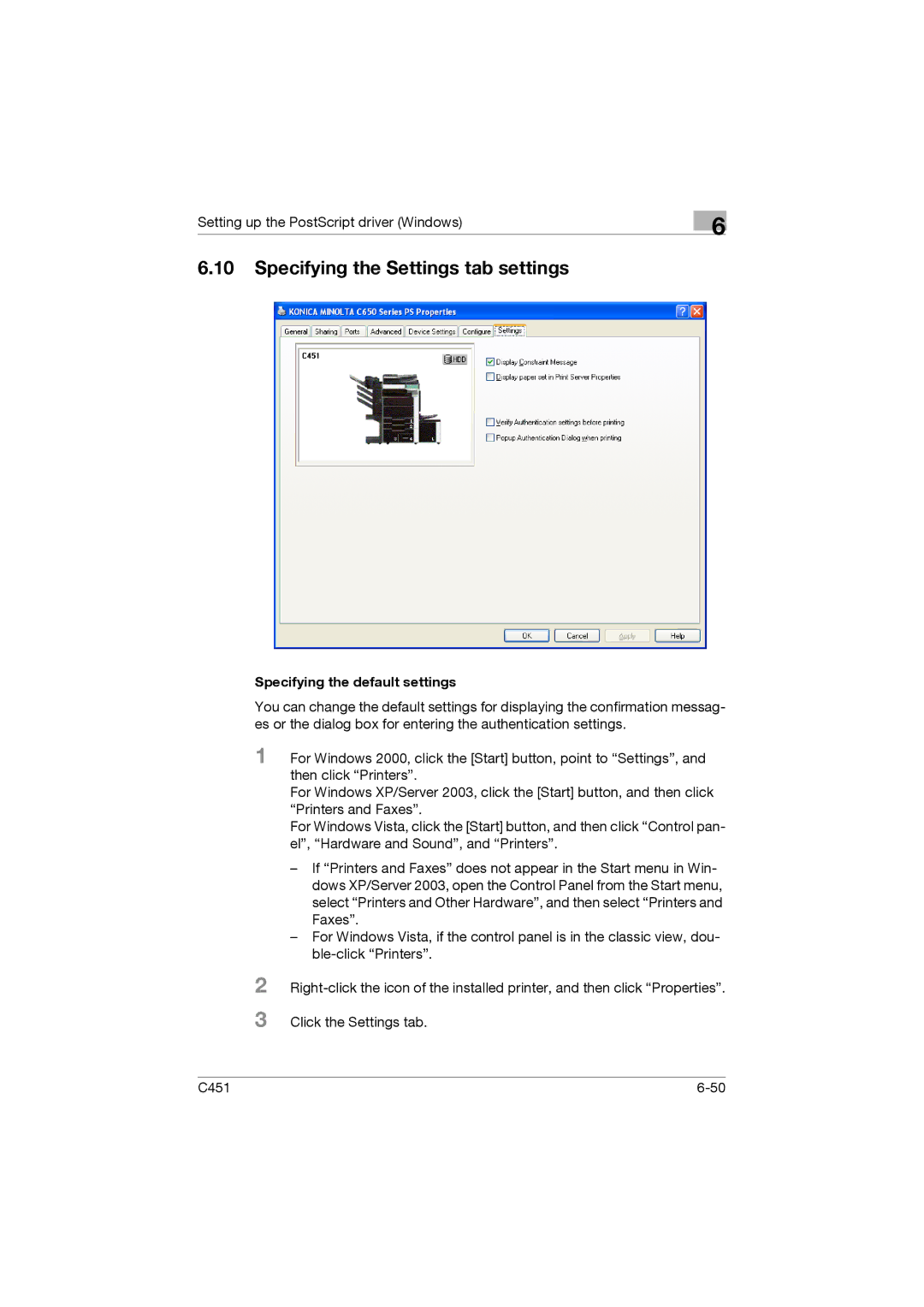 Konica Minolta C451 manual Specifying the Settings tab settings 