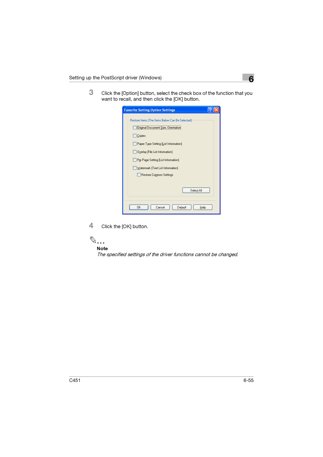 Konica Minolta C451 manual Specified settings of the driver functions cannot be changed 