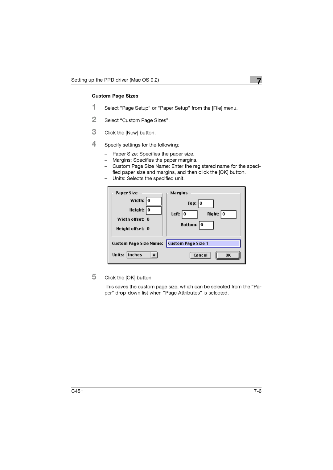 Konica Minolta C451 manual Custom Page Sizes 