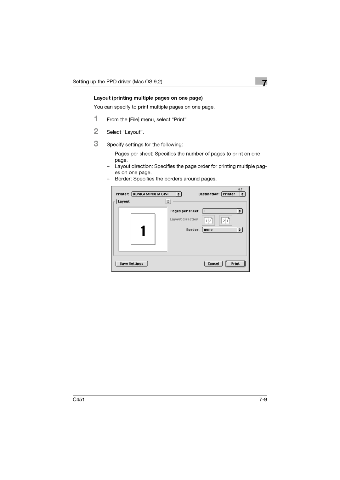 Konica Minolta C451 manual Layout printing multiple pages on one 