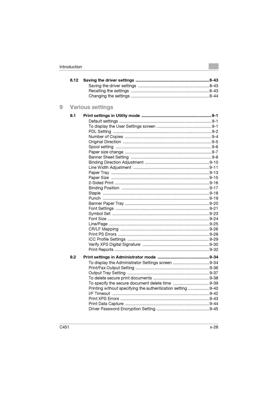 Konica Minolta C451 manual Print settings in Utility mode, Print settings in Administrator mode 