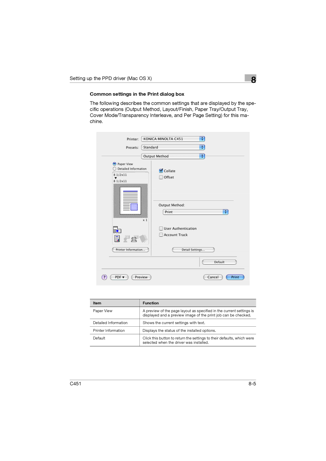 Konica Minolta C451 manual Common settings in the Print dialog box 