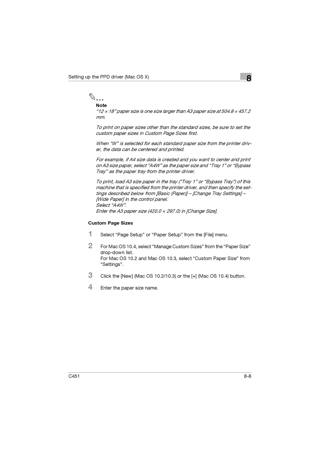 Konica Minolta C451 manual Custom Page Sizes 