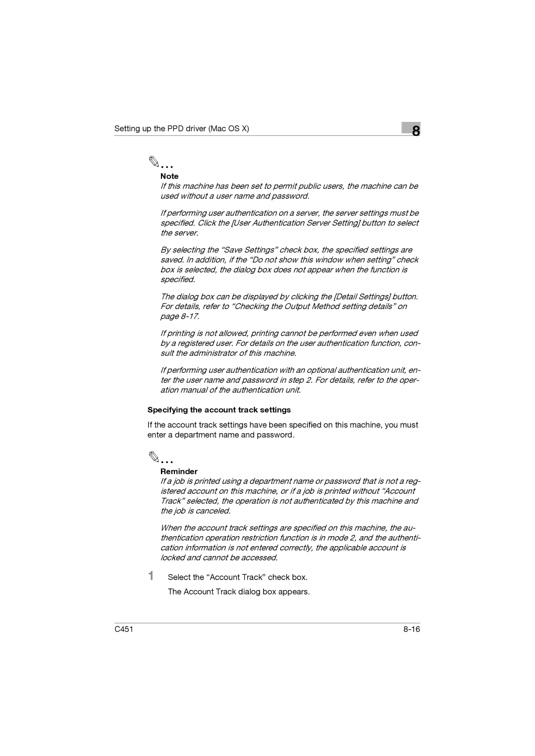 Konica Minolta C451 manual Specifying the account track settings 