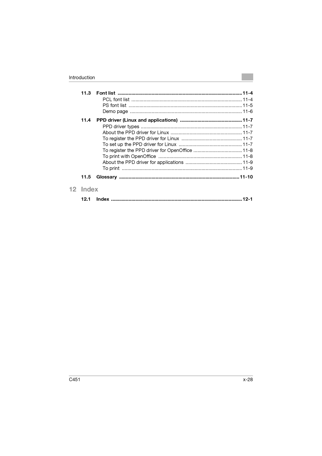 Konica Minolta C451 manual Font list 11-4, PPD driver Linux and applications 11-7, Glossary 11-10, Index 12-1 