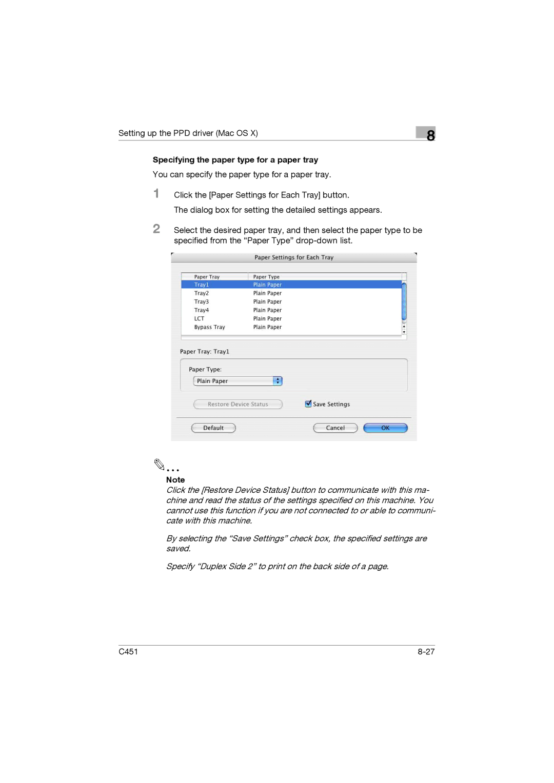 Konica Minolta C451 manual Specifying the paper type for a paper tray 