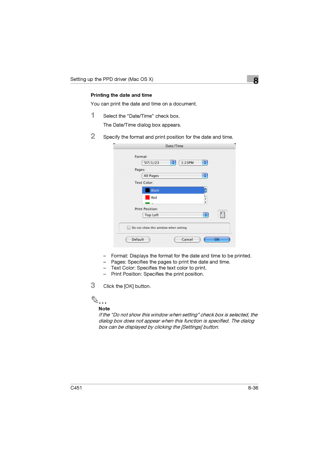 Konica Minolta C451 manual Printing the date and time 