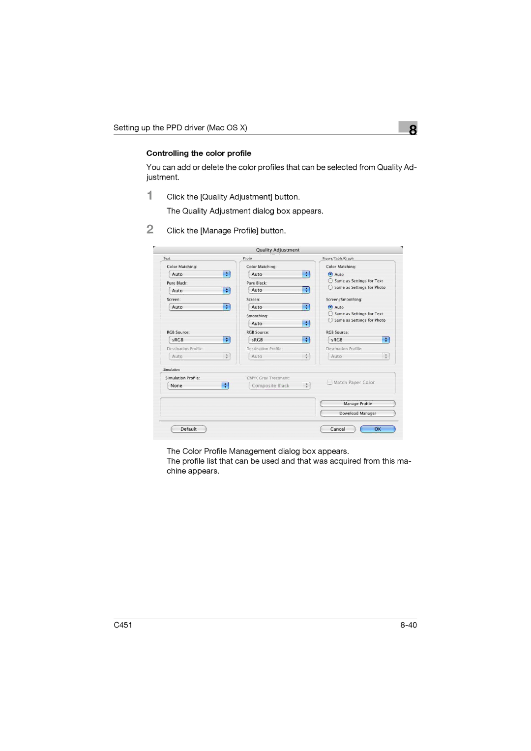 Konica Minolta C451 manual Controlling the color profile 