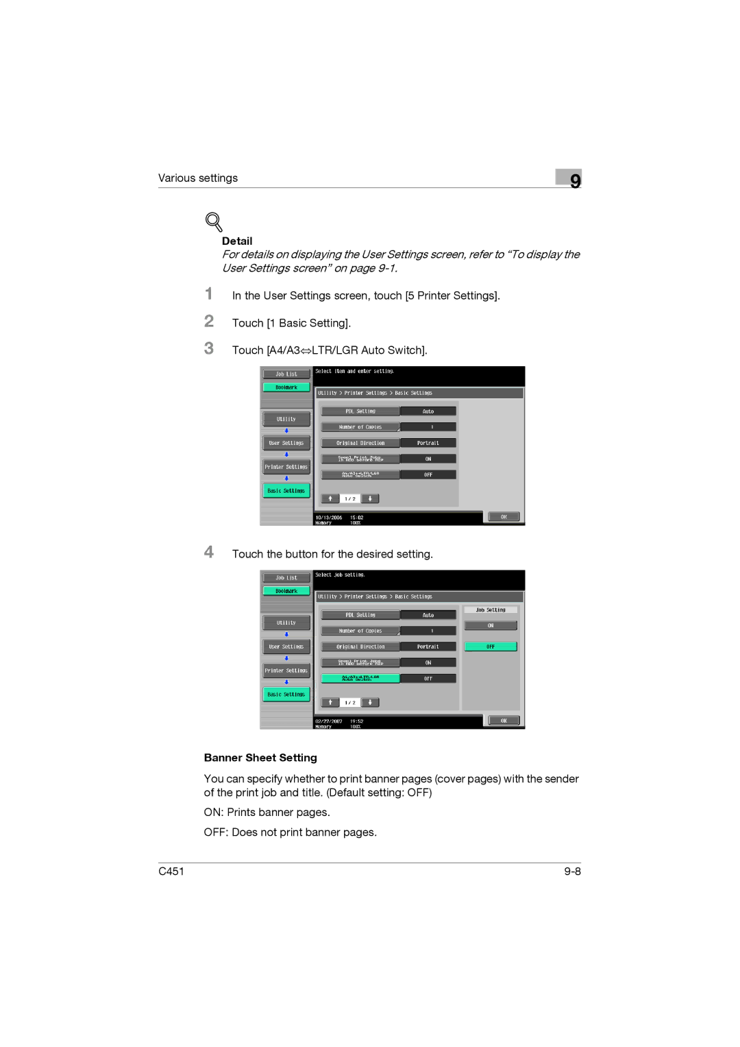 Konica Minolta C451 manual Banner Sheet Setting 