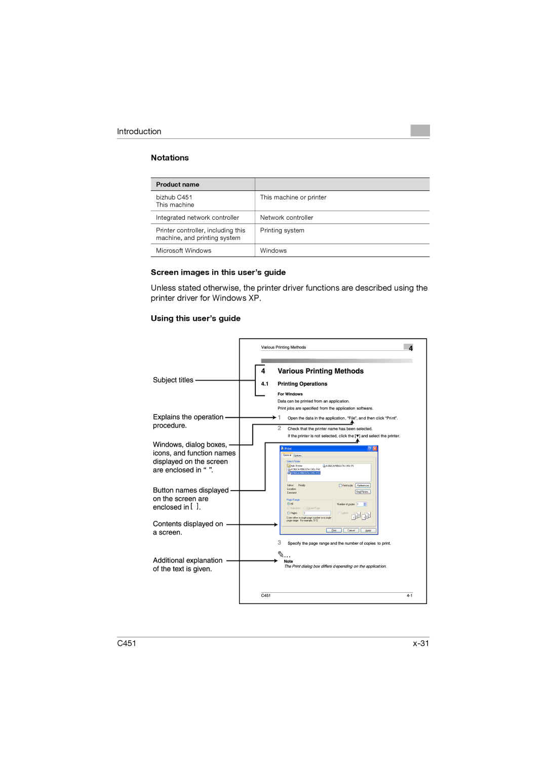 Konica Minolta C451 manual Notations, Screen images in this user’s guide, Using this user’s guide 