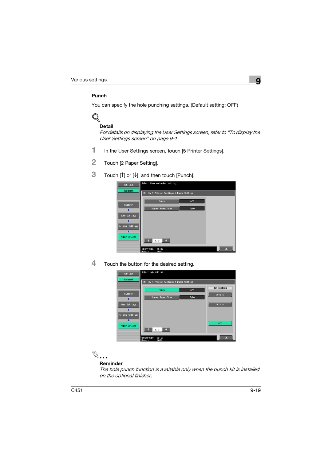 Konica Minolta C451 manual Punch 