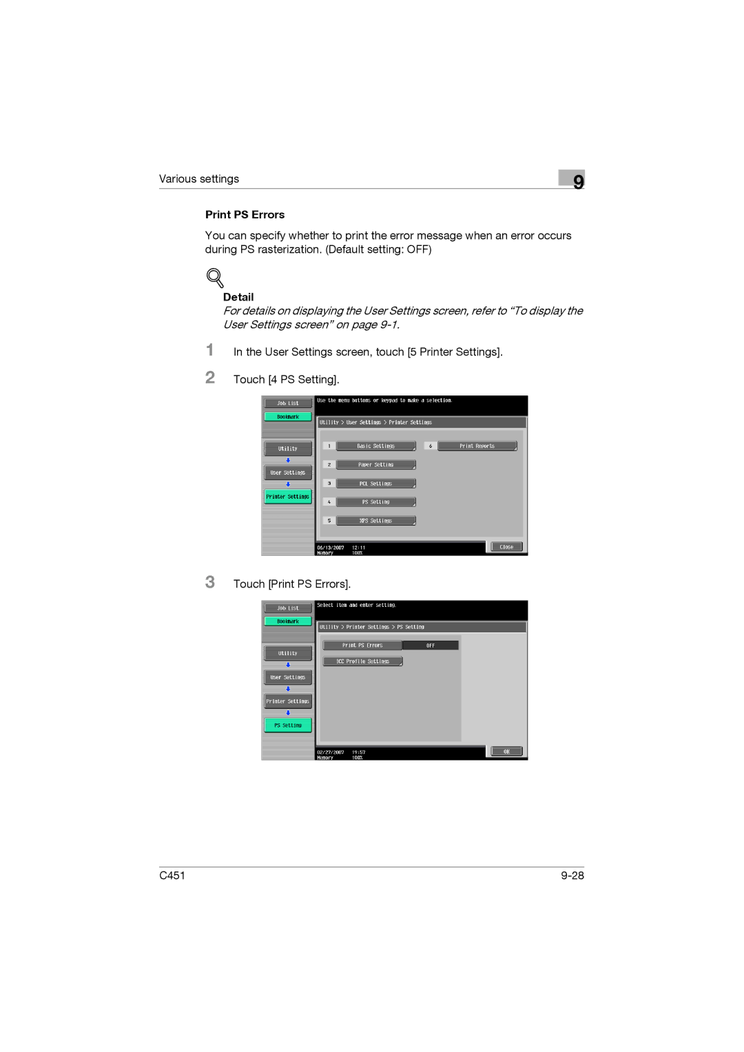 Konica Minolta C451 manual Print PS Errors 