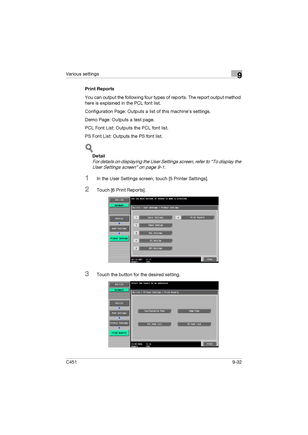 Konica Minolta C451 manual Print Reports 