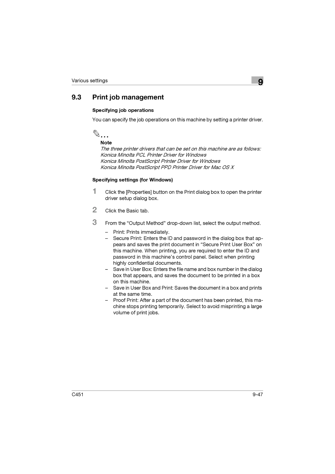 Konica Minolta C451 manual Print job management, Specifying job operations, Specifying settings for Windows 