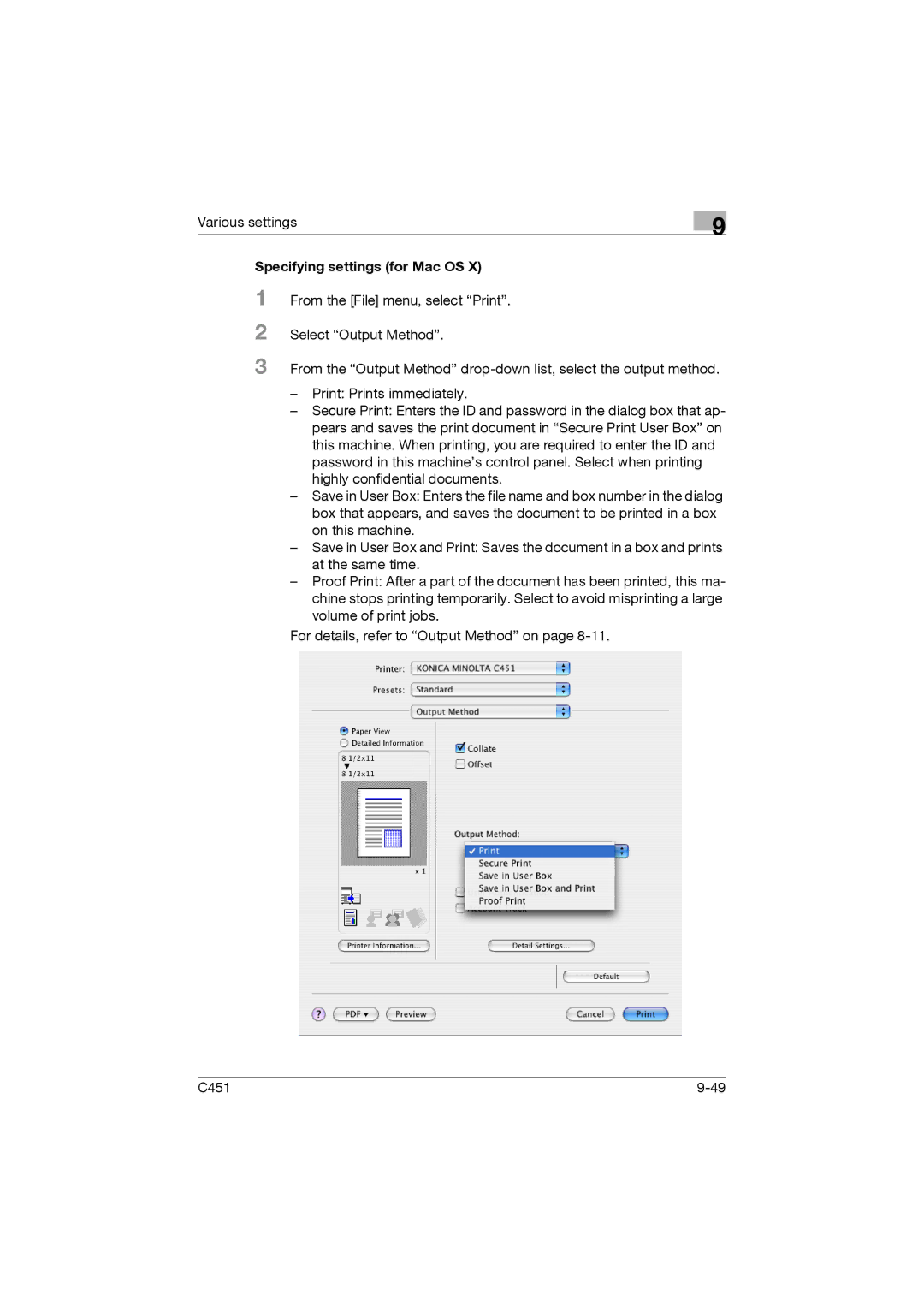 Konica Minolta C451 manual Specifying settings for Mac OS 