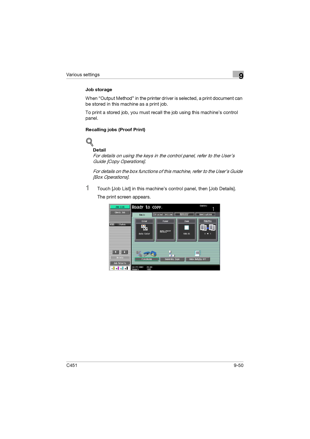 Konica Minolta C451 manual Job storage, Recalling jobs Proof Print Detail 