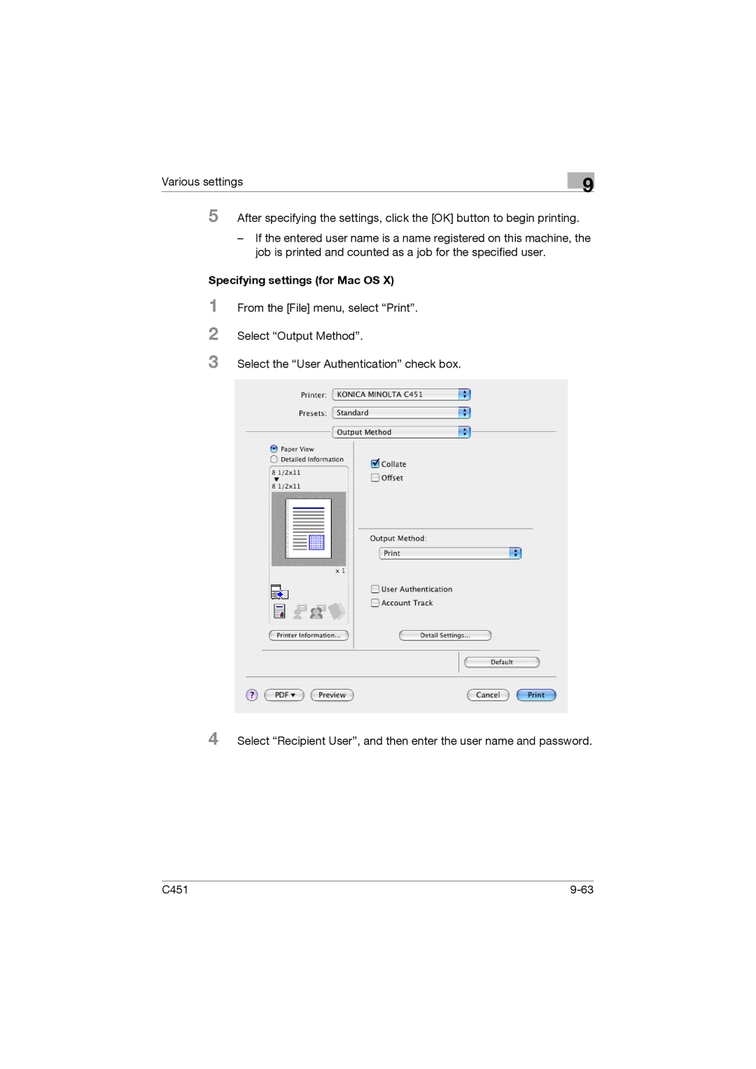 Konica Minolta C451 manual Specifying settings for Mac OS 