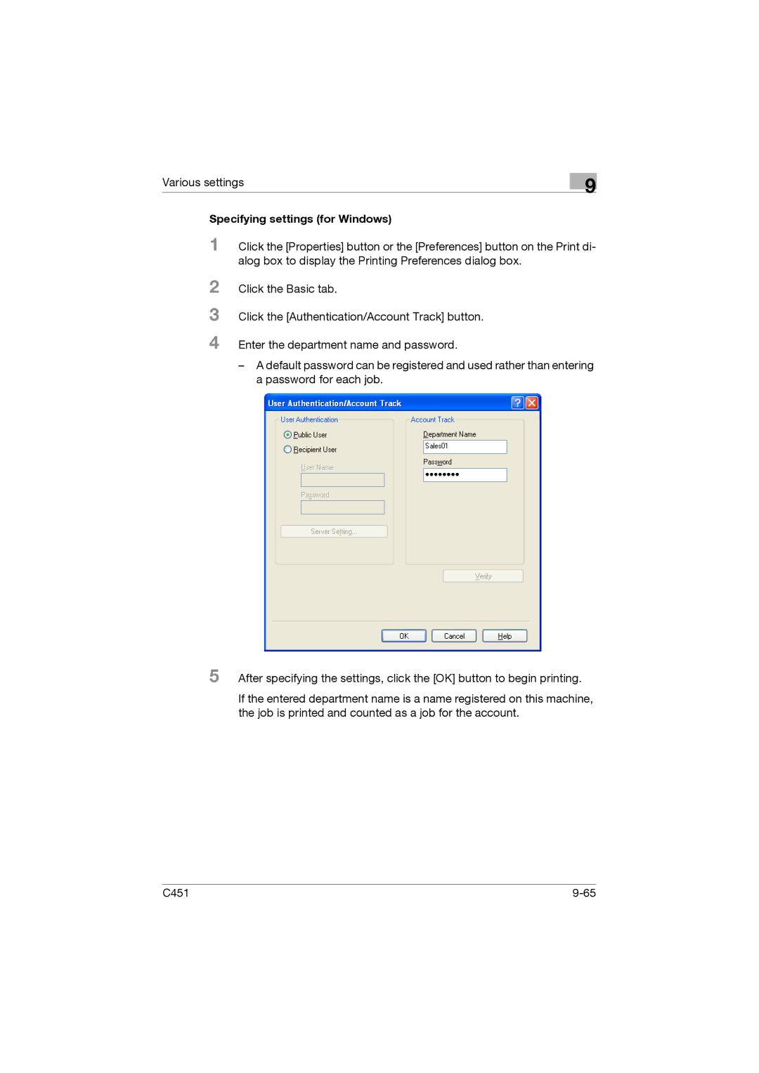 Konica Minolta C451 manual Specifying settings for Windows 