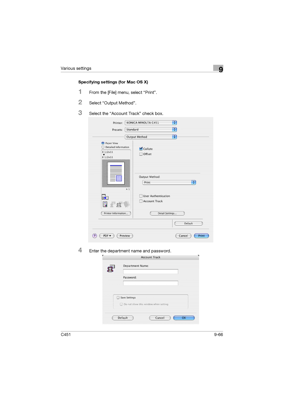 Konica Minolta C451 manual Specifying settings for Mac OS 