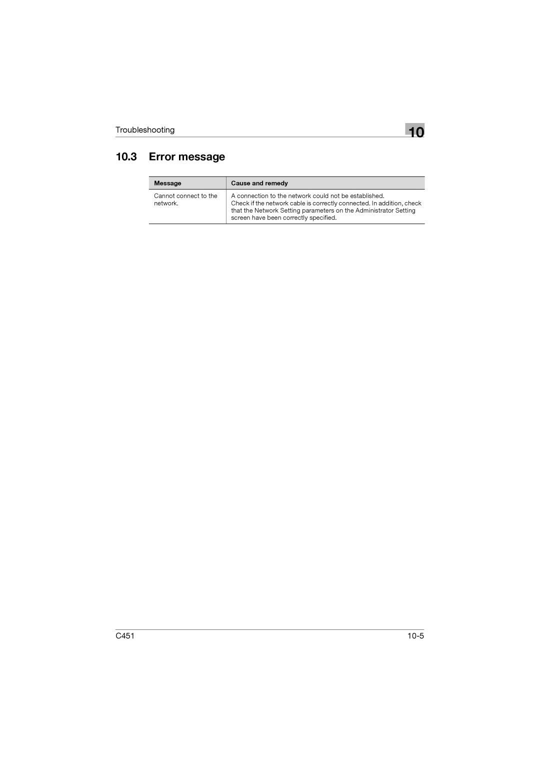 Konica Minolta C451 manual Error message, Message Cause and remedy 