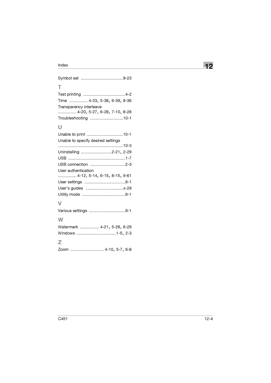 Konica Minolta C451 manual Index Symbol set Test printing 