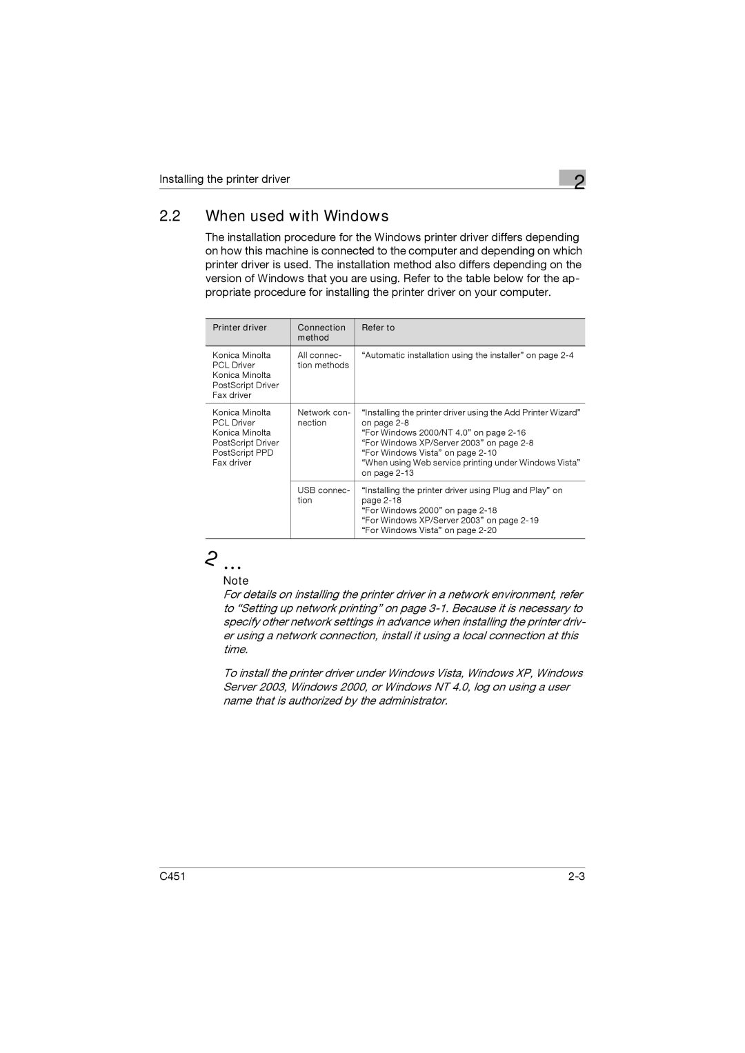 Konica Minolta C451 manual When used with Windows, Printer driver Connection Refer to Method 