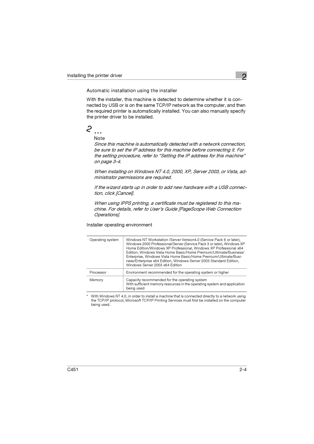 Konica Minolta C451 manual Automatic installation using the installer, Installer operating environment 