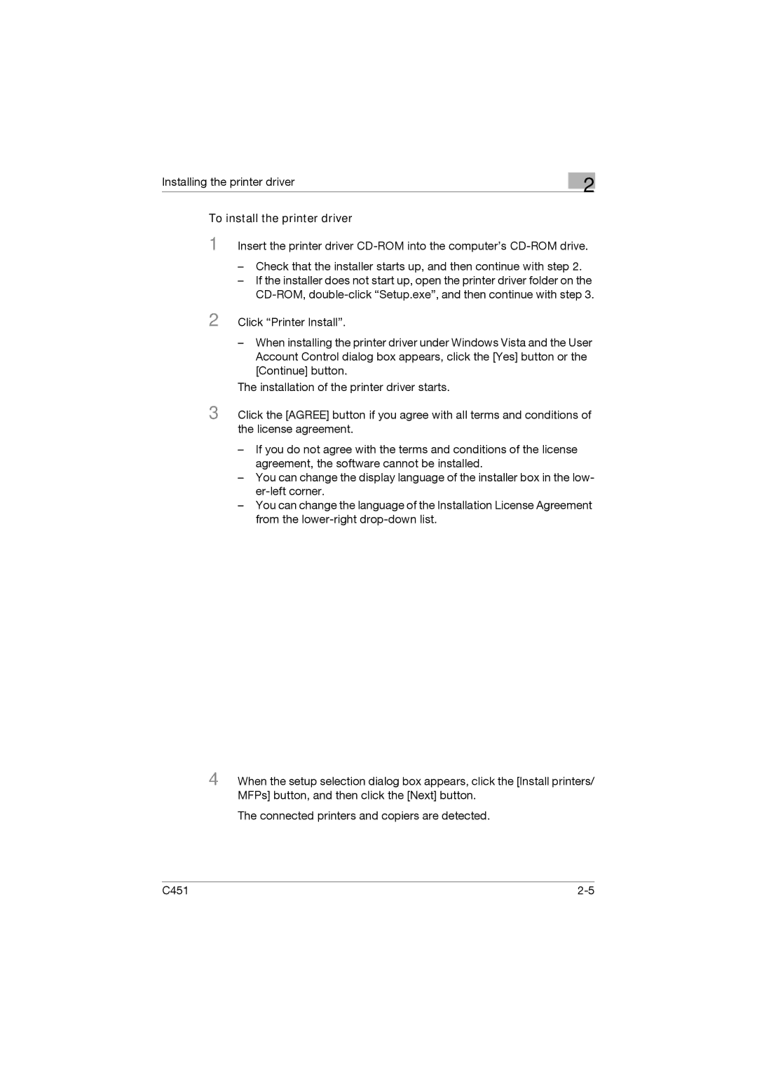 Konica Minolta C451 manual To install the printer driver 