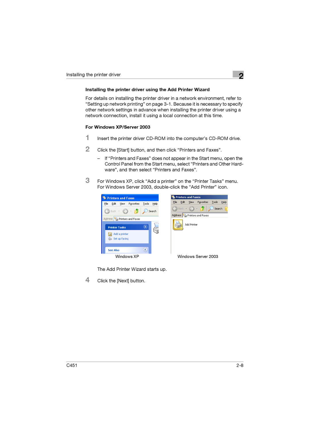 Konica Minolta C451 manual Installing the printer driver using the Add Printer Wizard, For Windows XP/Server 