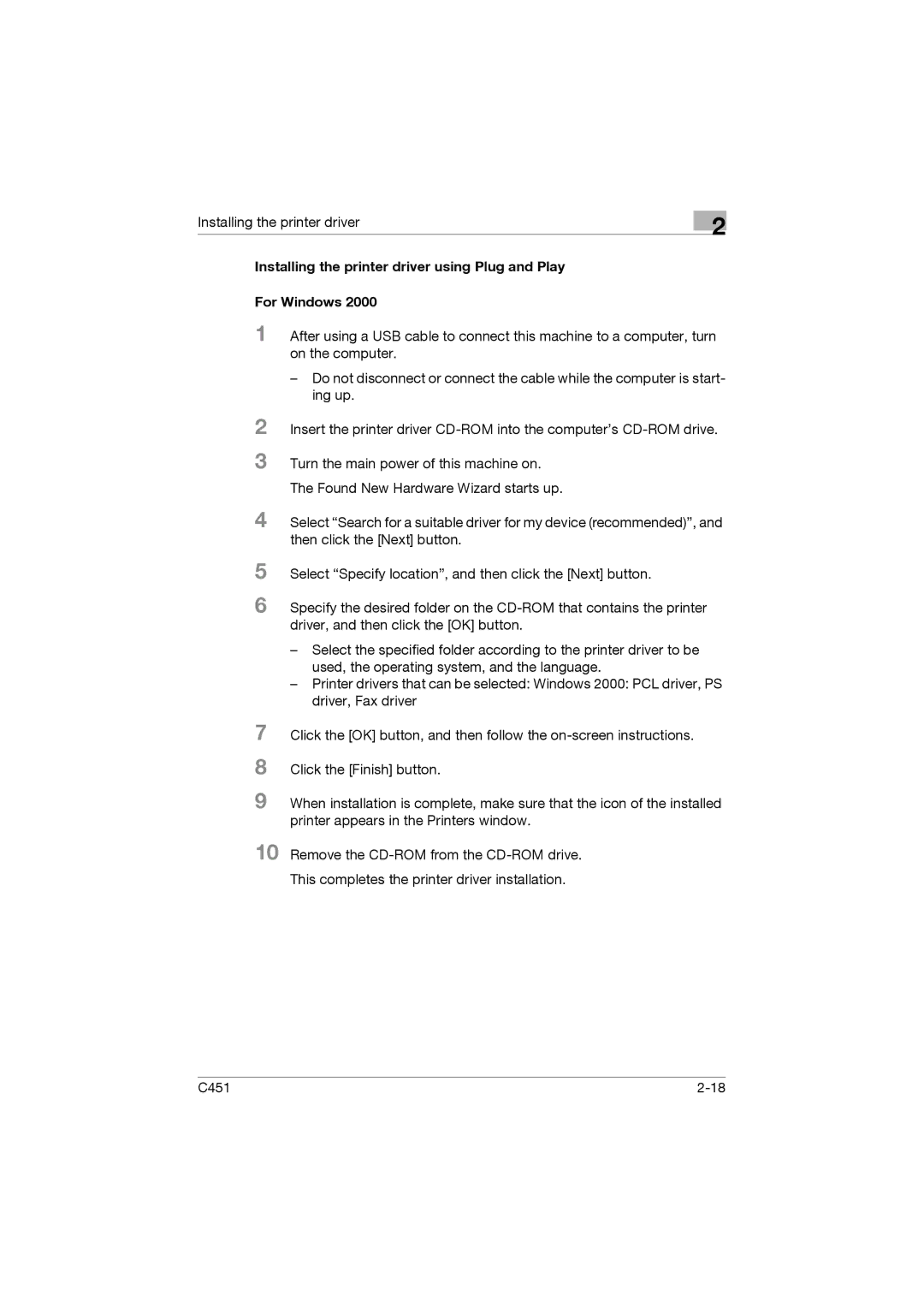 Konica Minolta C451 manual Installing the printer driver 