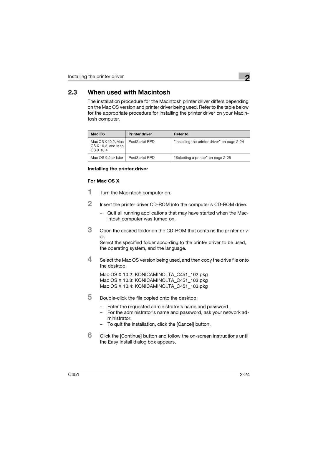 Konica Minolta C451 manual When used with Macintosh, Installing the printer driver For Mac OS 