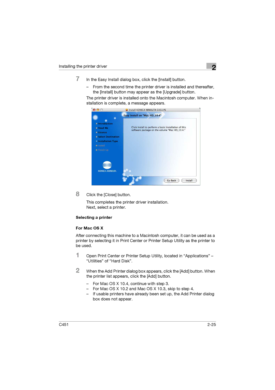 Konica Minolta C451 manual Selecting a printer For Mac OS 